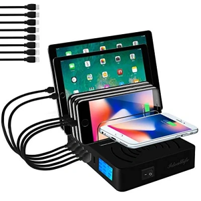 Abbildung von Ladestation für mehrere Geräte kabellos 8 Anschlüsse mit kurzen Kabeln, Multi Aufladestation, QC3.0 schnelles USB Ladegerät, kompatibel iPhone iPad Samsung Smartphones