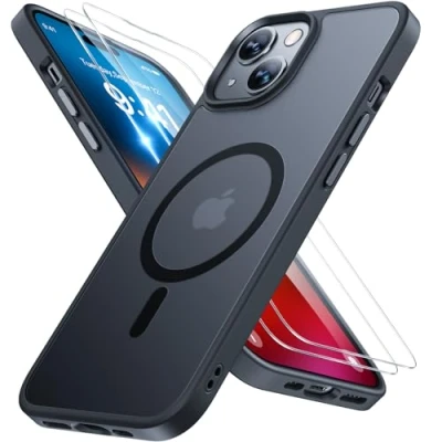 Abbildung von Miracase Magnetisch für iPhone 15 Plus Hülle Magsafe[mit 2 Schutzglas] Militärschutz Stoßfest Kratzfest Anti Fingerabdruck Samtige Haptik Dünn Handyhülle 6,7 Zoll, Schwarz