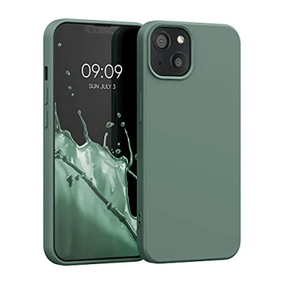 Abbildung von kwmobile Hülle kompatibel mit Apple iPhone 13 gummierte TPU Silikon Handyhülle Schutzhülle für kabelloses Laden Case in Tannengrün