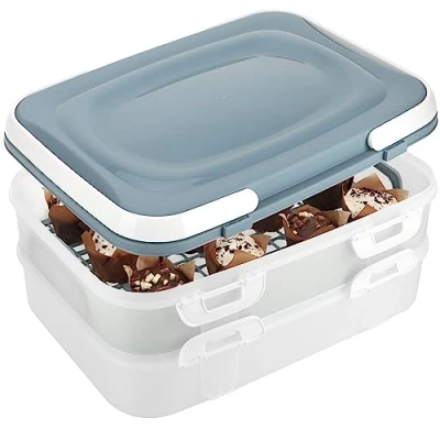 Abbildung von com four® Partycontainer mit je 2 Etagen und Hebeeinsatz Kuchen Transportbox Frischebox für Lebensmittel Kuchencontainer Tragegriffen Muffinbehälter (1 Stück pastell blau grau)
