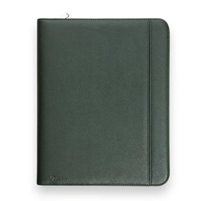Abbildung von Vebon® Schreibmappe A4 groß Rom I Doppel Reißverschluss + Klemmbrett Konferenzmappe Laptoptasche extra Stauraum Schwarz Kunstleder (Piniengrün)