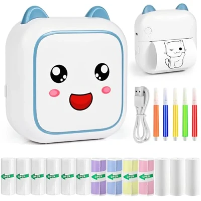 Abbildung von Ambesty Mini Drucker, Mobiler Fotodrucker, Tragbarer Wireless Fotodrucker Thermodrucker, mit 13 Rollen Druckerpapie und 5 Buntstifte, Smartphone Bluetooth für Lernhilfe