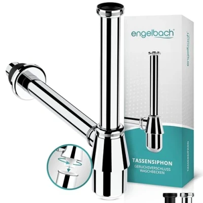 Abbildung von Engelbach® Siphon Waschbecken mit Reinigungsöffnung Universal Tassensiphon 1 1/4 Abflussrohr, Flaschensiphon, Syphon inkl. Gummimanschette und Anleitung