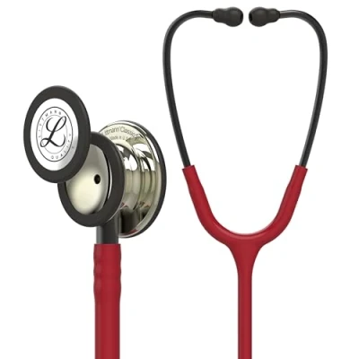Abbildung von 3M Littmann Classic III Stethoskop zur Überwachung, 5864, champagnerfarbenes Bruststück, burgunderroter Schlauch, Schlauchanschluss und Ohrbügel in Rauchfarben, 69 cm