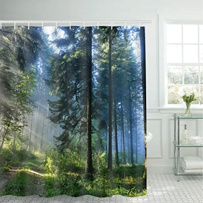 Abbildung von Alishomtll Wald Duschvorhang, Grün Antischimmel Duschvorhänge Textil Wasserdicht Shower Curtains Badewanne Waschbar mit 12 Haken, 180x200 cm