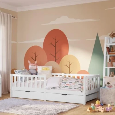 Abbildung von Bellabino Vere Kinderbett 90x200 cm Montessori Bett mit Rausfallschutz, Lattenrost &amp; 2 Schubladen Massives Kinder für Jungen Mädchen aus Holz Kiefer Kleinkindbett in Weiß