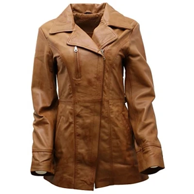 Abbildung von Infinity Leather Lange Bräunen Damen Nappaleder Radfahrer Jacke Mit Gürtel 12