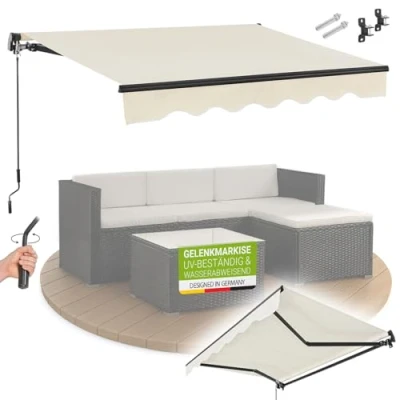 Abbildung von Juskys Gelenkarmmarkise 400 x 300 cm, UV40+ &amp; wasserabweisend, mit Kurbel Wandhalterung Länge + Winkel einstellbar, Markise für Terrasse Balkon, Sonnenschutz Balkonmarkise Gelenkmarkise, Beige