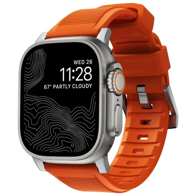 Abbildung von Nomad Apple Watch Armband Synthesekautschuk Orange Geeignet für Series 1 9 / SE Ultra (2) 42/44/45/49 mm Silber/Orange