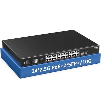 Abbildung von YuanLey 26 Port 2,5G PoE Switch Unmanaged, 24 x Base T Ports, 2 10G SFP+, IEEE802.3af/at, 400W, Kompatibel mit 100/1000/2500Mbps, Metallgehäuse, Desktop /Rack Montage 2,5Gbe Netzwerkswitch