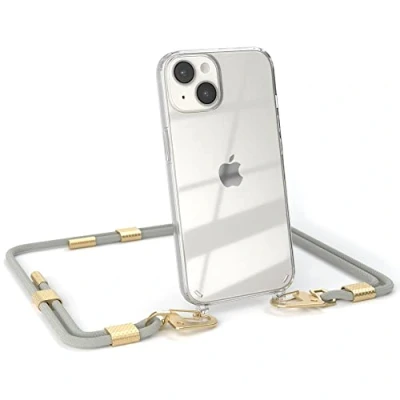 Abbildung von EAZY CASE kombinierbare Handyketten kompatibel mit iPhone 14, Transparente Silikon Hülle stylischen Umhängeband, Abnehmbarer Karabiner, Band, Gurt zum wechseln, Taupe Clips Gold