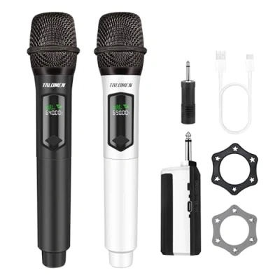 Abbildung von talomen Kabelloses Mikrofon, professionell, Dual 2,4 GHz, Karaoke, dynamisch, wiederaufladbar, mit Empfänger, 160 m Extern, ideal für Singen, Partys, Abend, DJ, K60 2, Schwarz