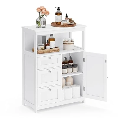 Abbildung von VASAGLE Badezimmerschrank, Badschrank, Beistellschrank, mit 3 Schubladen, Schranktür, verstellbare Ablage, 30 x 60 80 cm, weiß BBC542P31V1