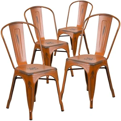 Abbildung von Flash Furniture Stapelstuhl aus Metall, für drinnen und draußen, Gummi, Eisen, Kunststoff, Orange, 4 Stück