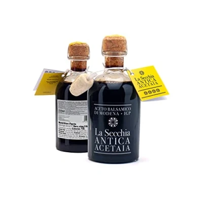 Abbildung von La Secchia Balsamico Essig aus Modena IGP &quot;Vier Sterne&quot;, Gereift in16 Wacholderfässern, Mittlere Dichte, 250 ml Flasche mit Kork Dosierverschluss, Traditionale Balsamic Vinegar g.g.A.