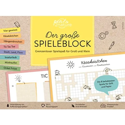 Abbildung von der große Spieleblock. Umweltfreundlicher Spielspaß Für Groß und Klein: Nachhaltiger, bunter Spiele Block auf Recyclingpapier. Spieleabende mit ganze Familie (pen2nature family)