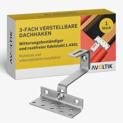 Abbildung von Avoltik 3 fach verstellbare Dachhaken Photovoltaik Halterung 1 Stück I Dachhalterungen Solarmodule A2 aus rostfreiem Edelstahl 1.4301 robuste Dachhalterung Balkonkraftwerk zur sicheren Montage