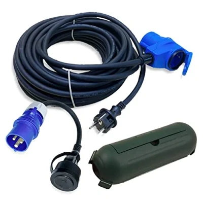 Abbildung von CEE Adapterleitung Set 15m Winkelkupplung an Schuko Stecker + Adapter Kabel u. Schutzbox grün H07RN F 3x2,5mm² 230V 16A Stromadapter Camping für Wohnmobil Wohnwagen Boot