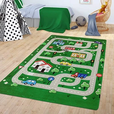 Abbildung von TT Home Teppich Kinderzimmer Spielteppich Babymatte Junge Straßenteppich Auto Stadt, Farbe:Grün, Größe:80x150 cm