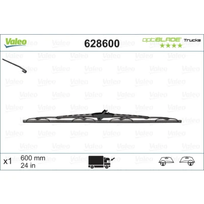 Abbildung von Scheibenwischer Valeo Optiblade Trucks 628600 600mm beidseitig Standard Hakenbefestigung VOLKSWAGEN: Transporter 5 Bus, Kastenwagen