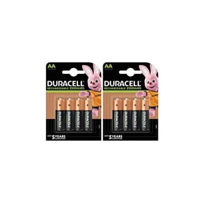 Abbildung von 8 x Duracell AA Batterien, wiederaufladbar, 2500 mAh (2 Blisterpackungen mit je 4 Batterien), wiederaufladbare Batterien