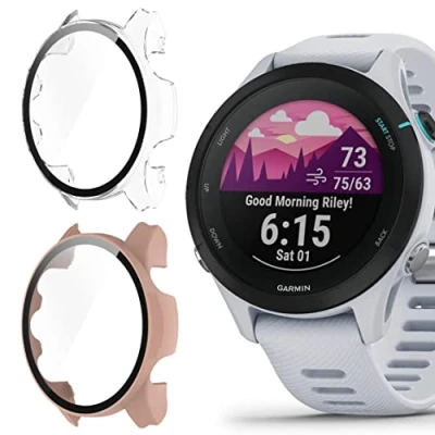 Abbildung von Onetuo Schutzhülle für Garmin Forerunner 255 Smartwatch, Hard PC hülle mit Glas Displayschutz kompatibel /255S Smartwatch (255 46mm hülle, Clear+rosa)