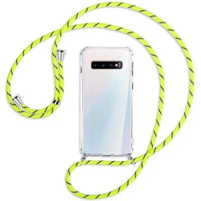 Abbildung von mtb more energy Handykette kompatibel mit Samsung Galaxy S10 (SM G973, 6.1&#039;&#039;) Neon Gelb gestreift Smartphone Hülle zum Umhängen Anti Shock Full TPU Case