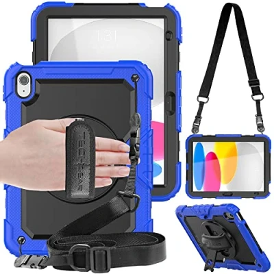 Abbildung von TECHGEAR Utility iPad 10 Generation 2022 hülle (10,9 Zoll) Robust Heavy Duty Stoßfeste Schutzhülle mit 360 Grad Schwenk ständer, stifthalter, Hand &amp; Schulter Gurt, Eingebaut schutzfolie Blau
