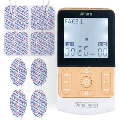 Abbildung von TensCare Allura EMS Muskelstimulator zur Verringerung von Gesichtsfalten und Straffen Modellierung des Körpers. Spezifische Programme für Gesicht, Hüften, Arme, Bauch, Beine.