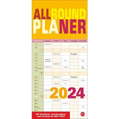 Abbildung von Allroundplaner bunt 2024. Praktischer Wandplaner mit 5 Spalten. Wandkalender Schulferien und 3 Monats Ausblick. Termin Kalender 21 x 45 cm.