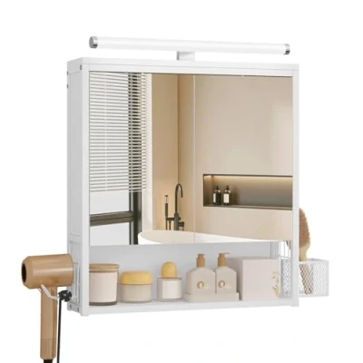 Abbildung von EUGAD Badezimmerschrank mit LED Beleuchtung, Spiegel, Badschrank hängend, Verstellbarer Ablage, Halter Korb, Metall MDF, Weiß, 56x13,5x65 cm