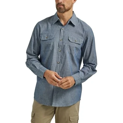Abbildung von Wrangler Authentics Herren Langarm Shirt. لال او ل ر ا ول langärmeliges Klassisches Gewebtes Hemd mit Button Down Kragen, Dark Chambray, XX Large