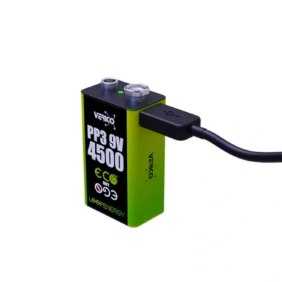 Abbildung von Verico LoopEnergy 9V Block 2er Pack, PP3, 4500 mWh, Wiederaufladbare USB C Batterie, Li Ion Akku, 1 Ladekabel Type A auf 2 x