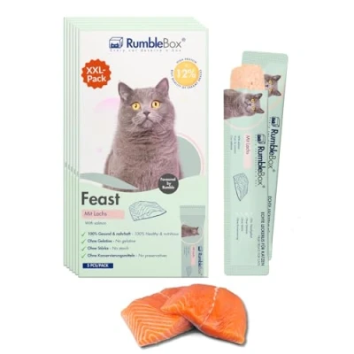 Abbildung von Schleckies Katzensnacks RumbleBox Sparbox XXL (6x75g) Cremige Katzenschleckies mit 70% Fleischanteil Lachs Natürliche &amp; gesunde Katzenleckerlis ohne Getreide Zucker