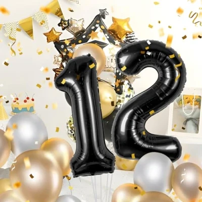 Abbildung von 12 Geburtstag Deko zahlen luftballon jahre Folienballon Schwarz für 12. Geburtstagsdeko Männer Frauen Ballon Zahl zum fliegt mit Helium 12.Geburtstagsparty 40&quot; 101cm