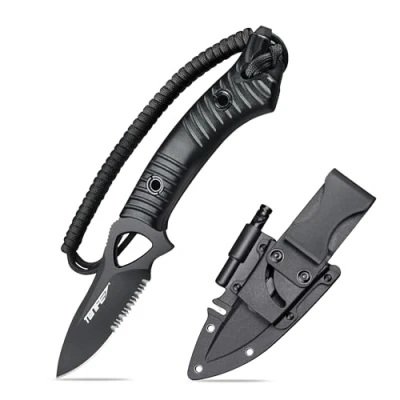 Abbildung von TONIFE Explorer Feststehendes Messer mit Scheide 8Cr14MoV Klinge Multifunktionales Überlebensmesser, Glasfaserverstärkter Nylongriff für Outdoor EDC (Schwarz+Schwarz Titan Wellenschliff)