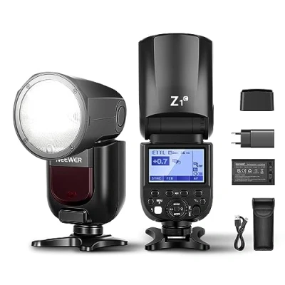 Abbildung von NEEWER Z1 C TTL Blitzgerät Speedlite Rundkopf Blitzlicht für Canon DSLR Kameras, 76Ws 2,4G 1/8000s HSS, 10 Stufen LED Einstelllampe, Speedlight mit 2600mAh Lithium Akku, Recycling in 1,5s Blitz