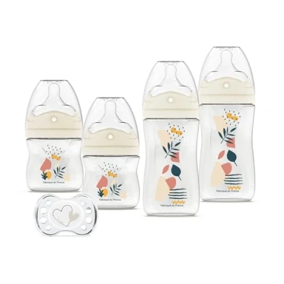 Abbildung von DODIE 4 Babyflaschen gegen Colik, mehrperforierter Sauger (2 x 150 ml und 2 270 ml), ein Baby Sauger, Terrakotta