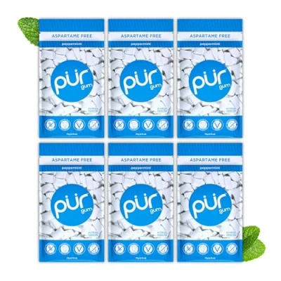 Abbildung von PUR Gum Zuckerfreier Kaugummi 100% Xylit Vegan, Aspartamfrei &amp; Glutenfrei Natürlicher Mit Peppermint Geschmack, 55 Stück (6er Pack)