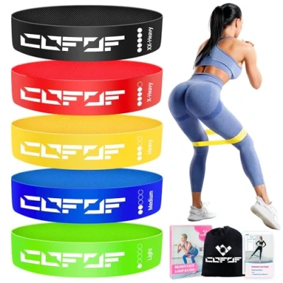 Abbildung von COFOF Fitnessbänder 5er Set 100% Latex, Resistance Bands mit 5 Widerstandsstufen Deutscher Übungsanleitung &amp; Tragebeutel, Gymnastikband für Yoga, Pilates, Krafttraining, Physiotherapie