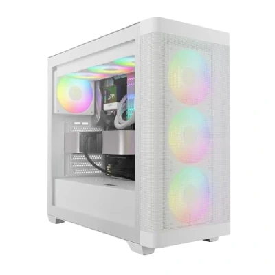 Abbildung von GAMDIAS Weißes ATX Mid Tower Computergehäuse aus gehärtetem Glas, Gaming PC Gehäuse unterstützt Dual 360 mm AIO/Heizkörper, 7 x 120 Gehäuselüfter (4 integriert), 420 GPU/VGA, USB 3.0X