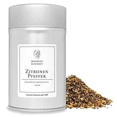 Abbildung von Boomers Gourmet Zitronenpfeffer Gewürzmischung grob gemahlen, Lemon Pepper geschrotet Gewürzdose 11,5 cm 120 g