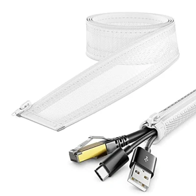 Abbildung von deleyCON 3,0m Kabelschlauch mit Reißverschluss 15mm Durchmesser Kabelmanagement Kabelkanal Kabelschutz Robuster Nylon Kabelmantel Haushalt Büro Schreibtisch Weiß