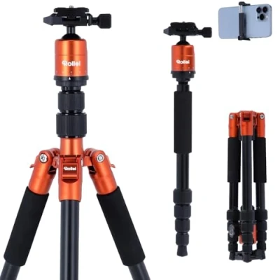 Abbildung von Rollei Compact Traveler No. 1 leichtes Reisestativ aus Aluminium mit geringem Packmaß von nur 31,5 cm, Arca Swiss kompatibel und inkl. Kugelkopf Stativtasche, Orange