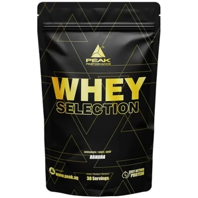 Abbildung von PEAK Whey Selection 900g Geschmack Banana I 30 Portionen für Muskelaufbau Proteinquelle: Konzentrat, Isolat, Hydrolysat + freies L Leucin mit Laktase