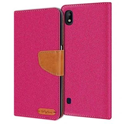 Abbildung von Verco kompatibel mit Samsung Galaxy A10 Hülle, Schutzhülle für Tasche Denim Textil Book Case Flip Klapphülle Pink