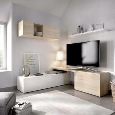 Abbildung von Dmora Einbauwand Baker, modulares Wohnzimmer Set, Eckschrank, TV Möbel, 201 x 41 180 cm, Weiß und Eiche