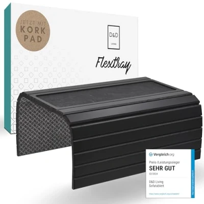 Abbildung von D&amp;D Living® Sofatablett Couch Ablage flexibel für Armlehne mit Anti Rutsch Kork Pad Tablett Sofa 47x34 cm, nachhaltiges Bambus Schwarz Groß