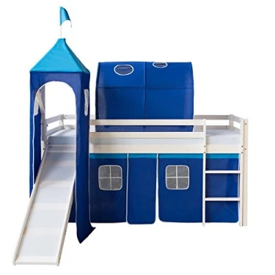Abbildung von Homestyle4u 1576, Kinderbett 90x200 Weiß Blau Hochbett mit Rutsche Treppe Turm Tunnel Vorhang Bettgestell Holz Kiefer