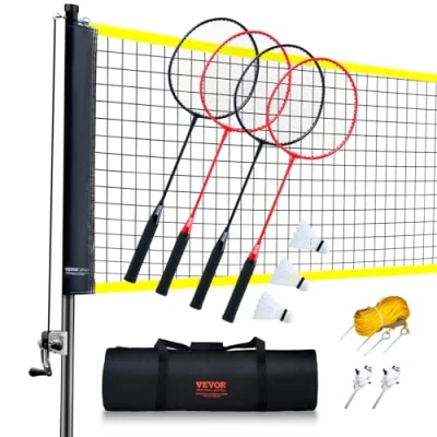 Abbildung von VEVOR Badmintonnetz Set, für den Außenbereich im Hinterhof, Strandpark, Erwachsene &amp; Kinder mit Stangen, Tragetasche, 4 Eisenschlägern und 3 Nylon Federbällen